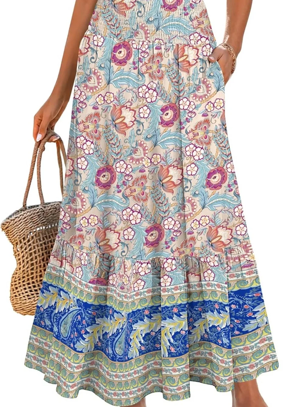 ANRABESS Women's Boho Maxi Skirt in Apricot w/Floral Print, Size L NWT